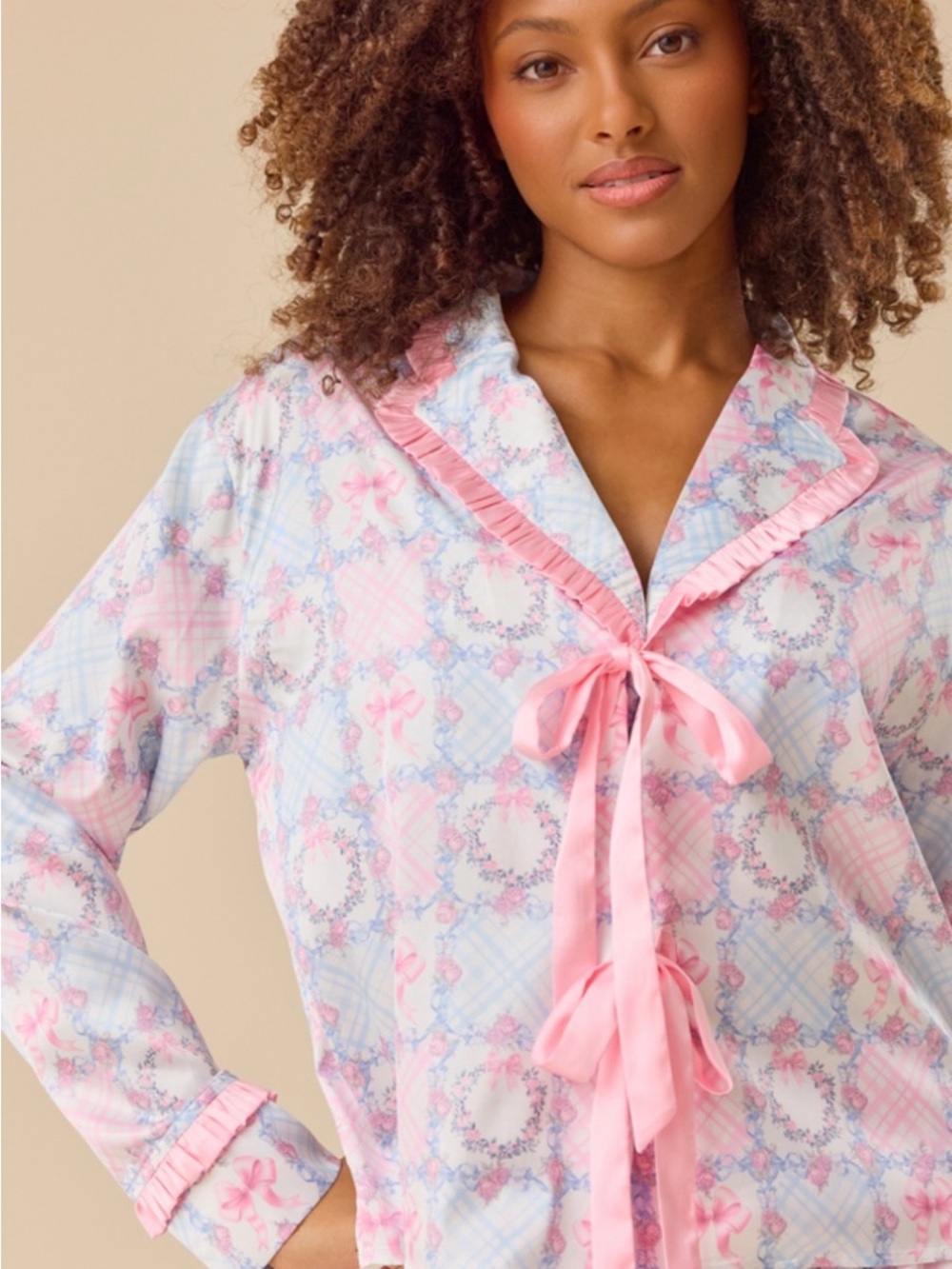 Altar'd State Pink & White Floral Two-Piece Pajama Set with Lace Trim - Picture 2 of 6